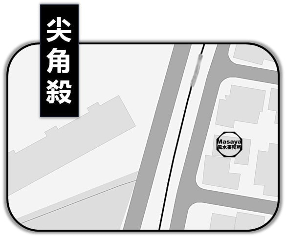 鋭い角が建物に向いている尖角殺の土地の地図です。