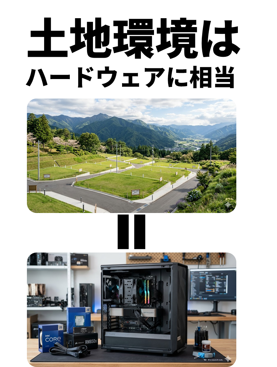 PCパーツとPCケース、自然の風景