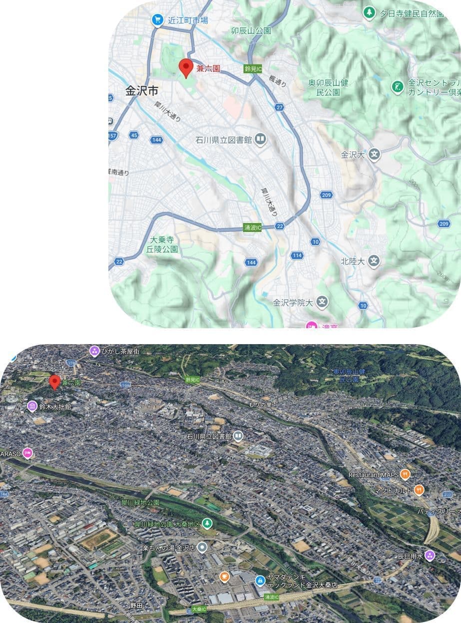 兼六園と金沢城の地形図と地図