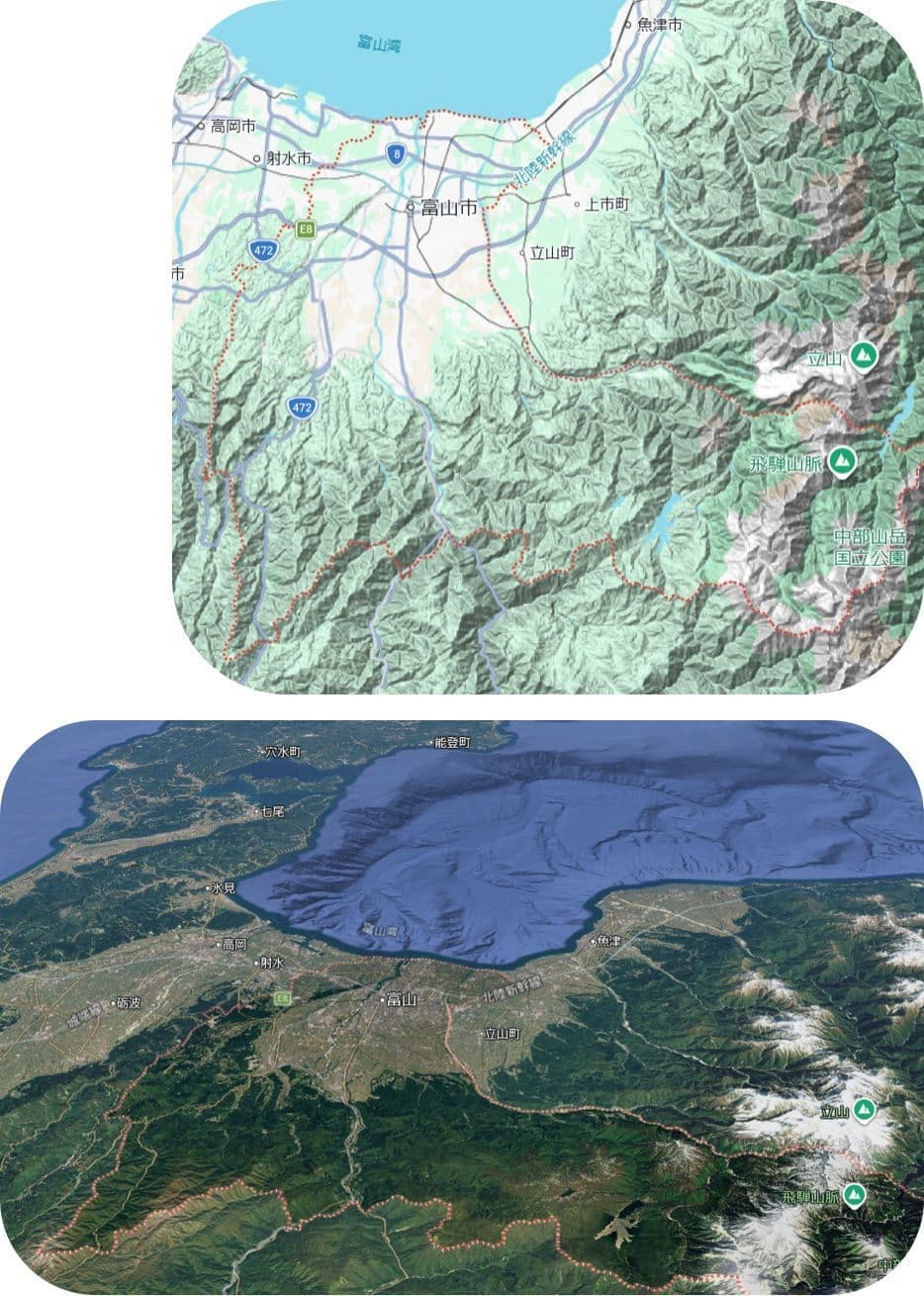 富山市の地図と地形図