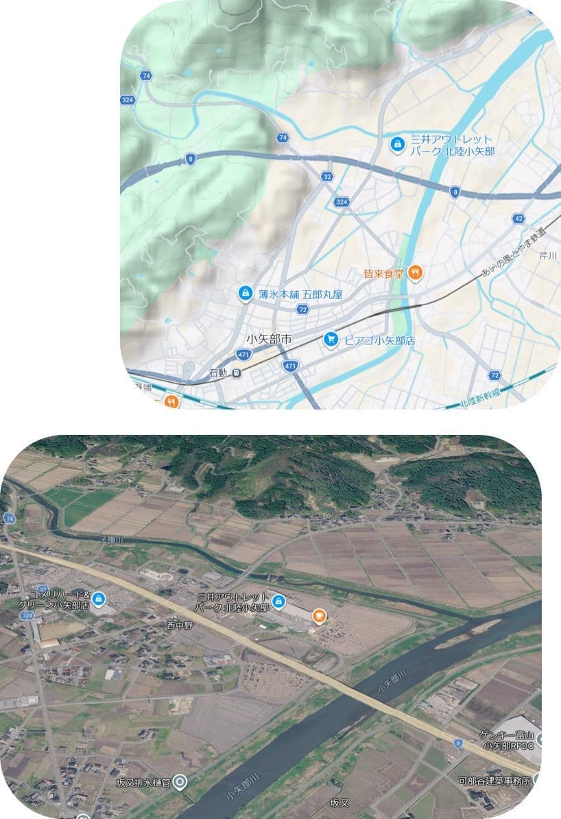 三井アウトレットパーク 北陸小矢部の上空写真と地形図