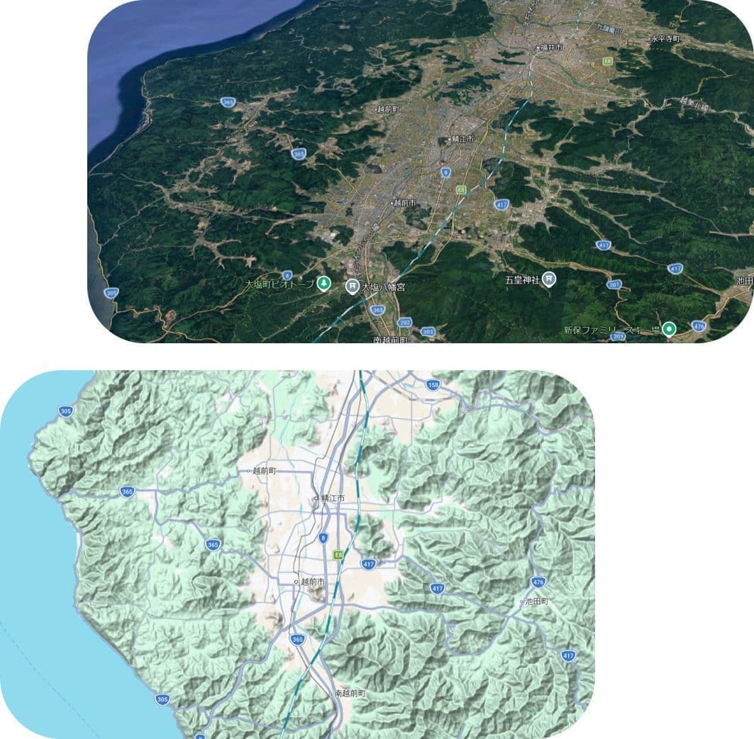 鯖江市と越前市の上空地図と地形図