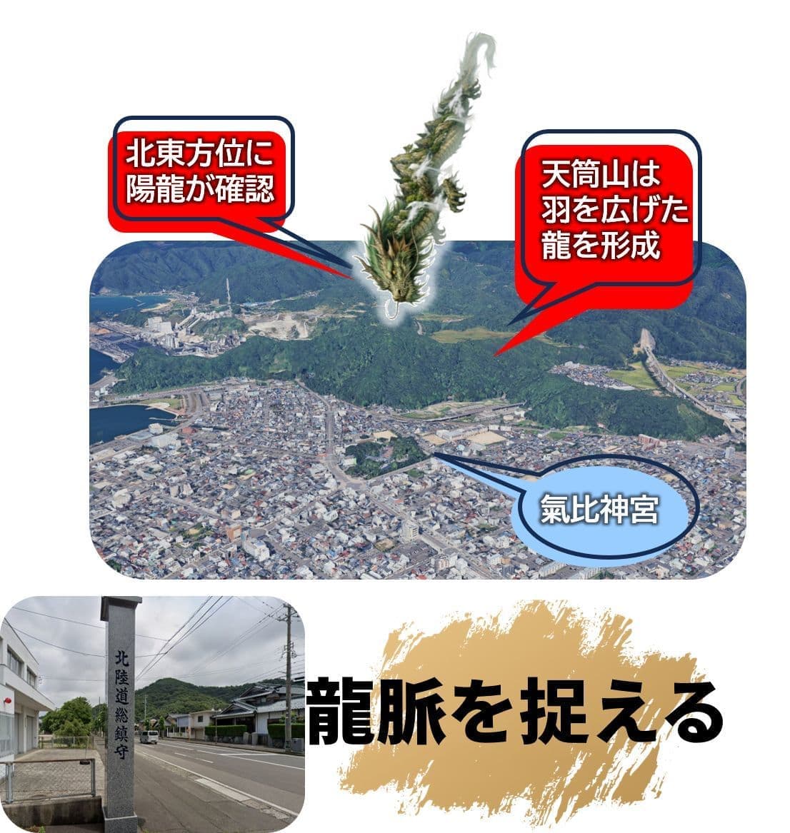 氣比神社から見た来龍の方位と天筒山との関係。境内全体が、龍の羽に護られる様子が伺える。