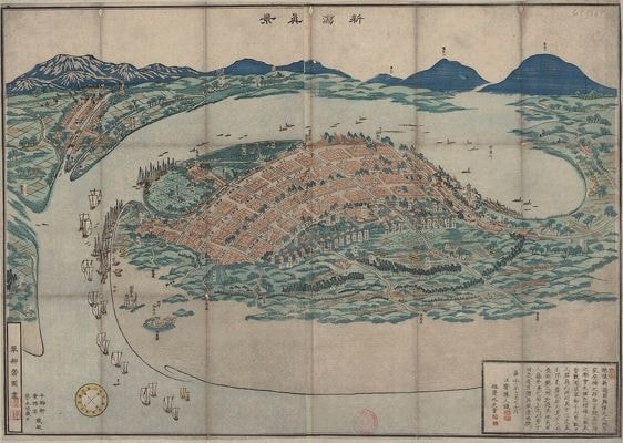 新潟島が出来る前、丘陵地が続いていた事を示す昔の絵画