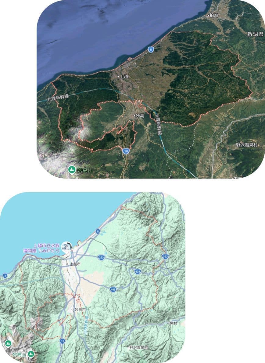 上越市の上空写真と地形図。