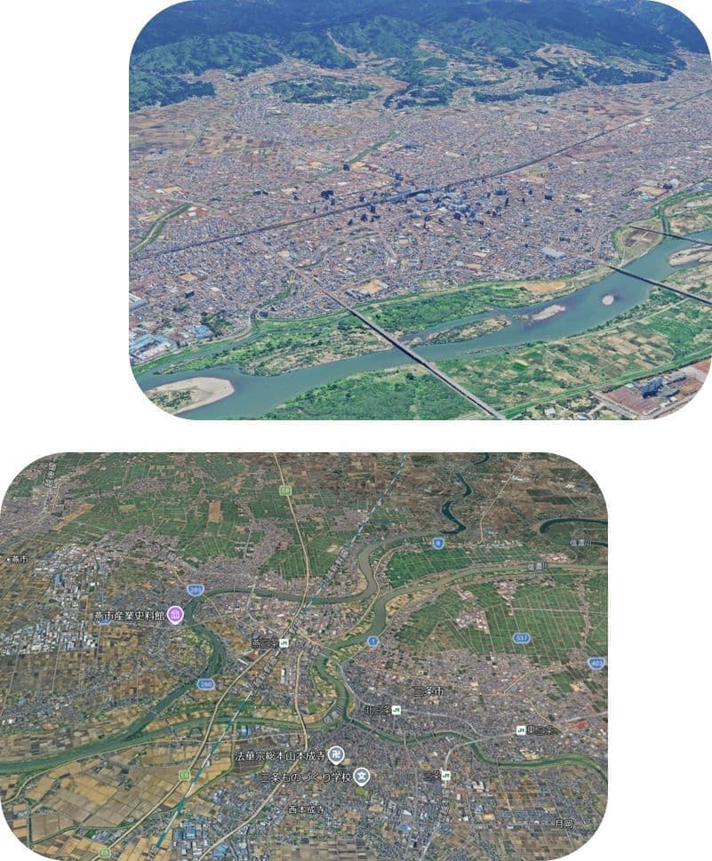 長岡市と燕三条付近の上空写真。