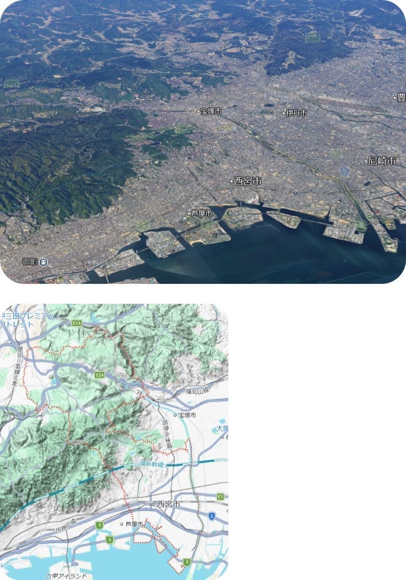 西宮市の上空写真と地形図。