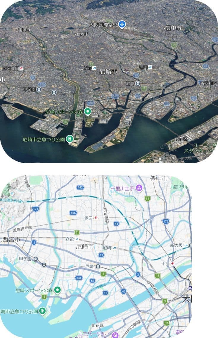 尼崎市の上空写真と地形図。河川が集まる地域特性が確認されます。